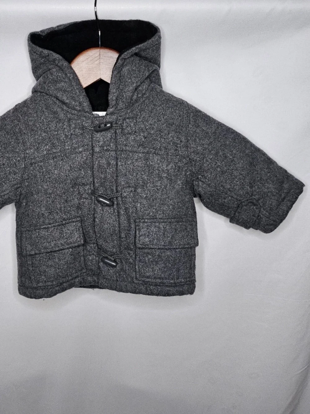 Baby Boy Infant Childrens Place Gray Wool Blend Zip Button Pea Coat Hooded 6-9M
